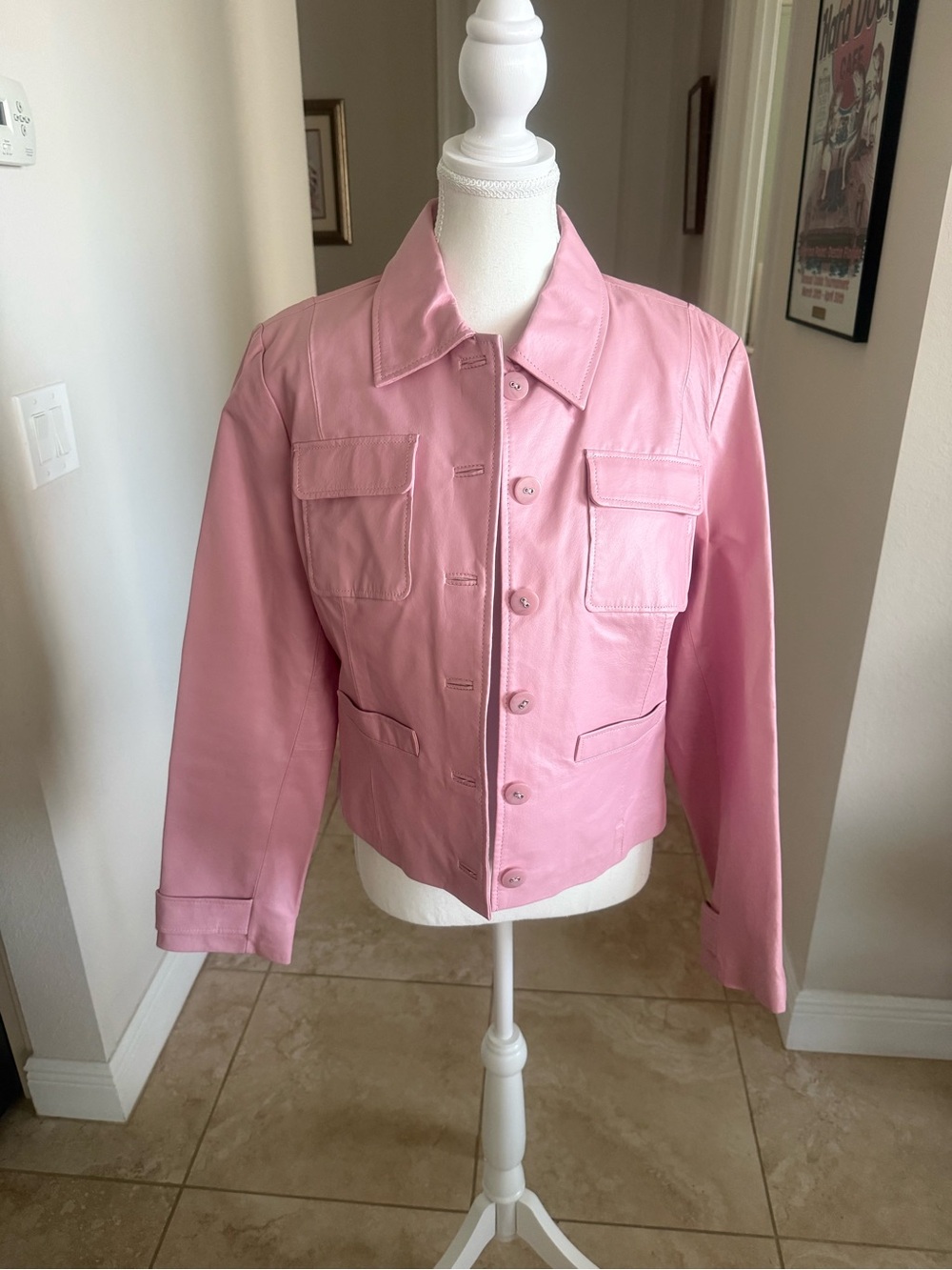 Women's Pink Leather Button-Front Jacket